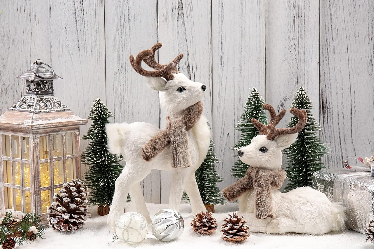 Nature Vibe 14.8 Inches Sisal Reindeer Christmas Decoration Set of 2,Cute Woodland Animals Figurines with Faux Fur Scarf as White Christmas Decorations,Fireplace Decor
